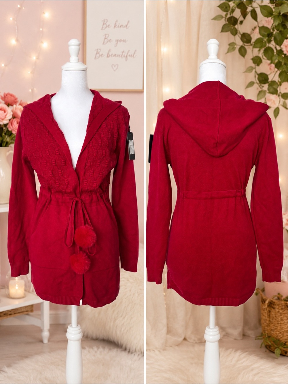 Red Hooded Pom-Pom Tie-Waist Cardigan Sweater